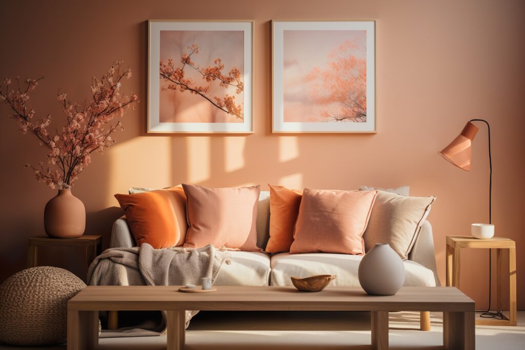 Stylish interior designed in apricot and peach trendy colored style with warm atmosphere effect